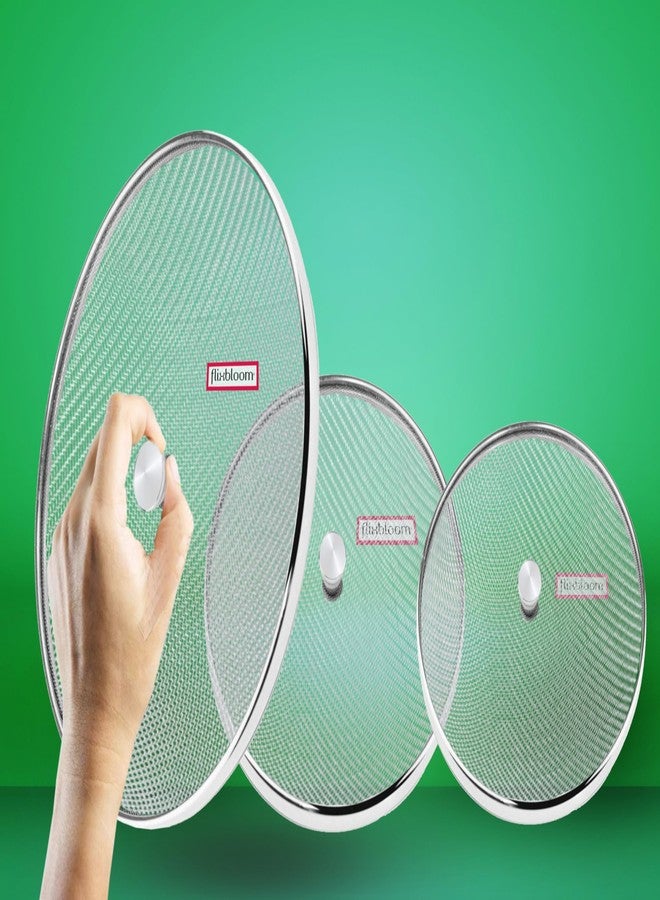 FLIXBLOOM طقم أغطية طعام شبكية خاصة من الفولاذ المقاوم للصدأ من فليكس بلوم، 3 قطع، متعددة الاستخدامات للأواني/أدوات الطبخ/القدر/المقلاة/الوعاء/القدور، مقاسات 8 و10 و11 بوصة. - Image 1